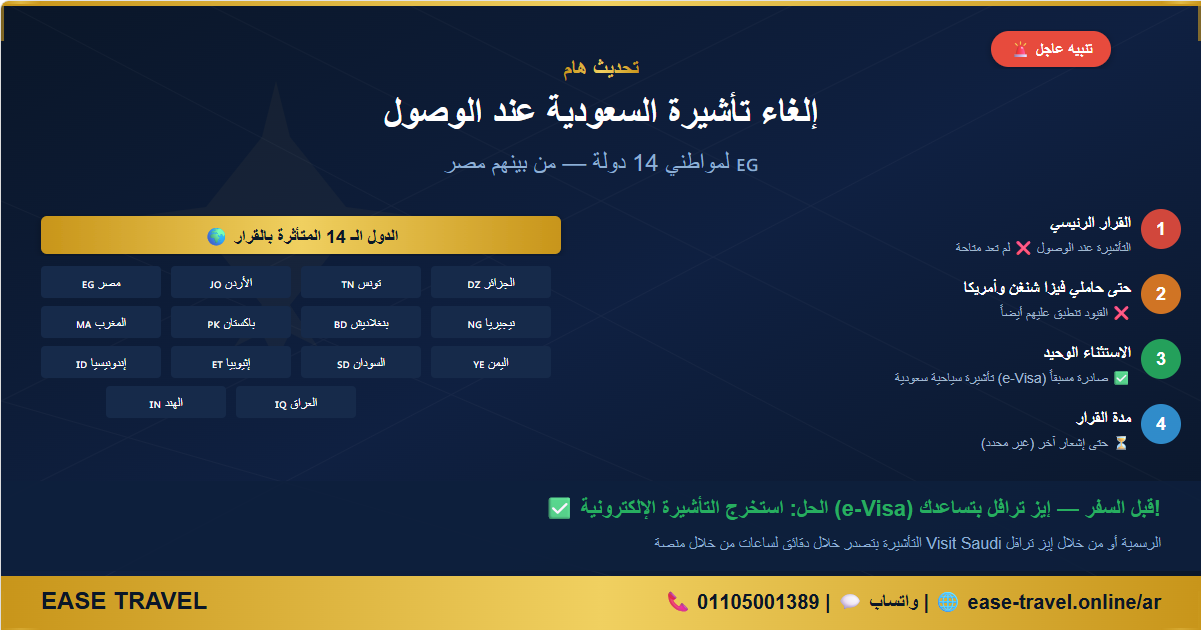 تحديث هام: إلغاء تأشيرة السعودية عند الوصول لـ14 دولة — القرار الكامل والبدائل المتاحة 2026